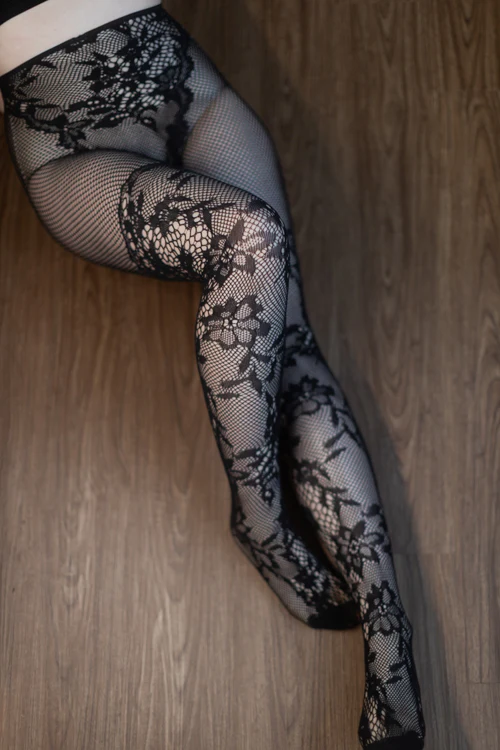 French Cut Dahlia Lace Tights with Net Thigh Detail - Image 2