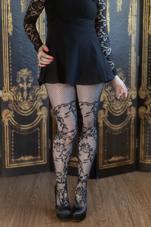 French Cut Dahlia Lace Tights with Net Thigh Detail - Image 5