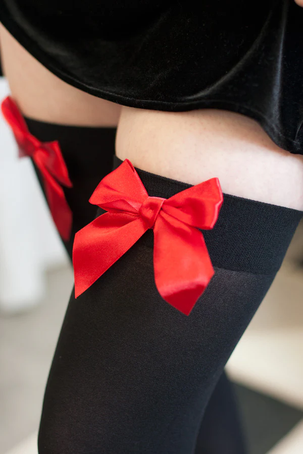 Opaque Thigh High Stockings with Bow - Image 21