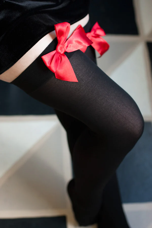 Opaque Thigh High Stockings with Bow - Image 23