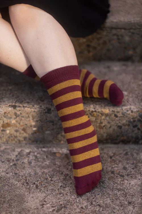 Preppy Striped Tube Socks - Burgundy/Ochre - Image 2