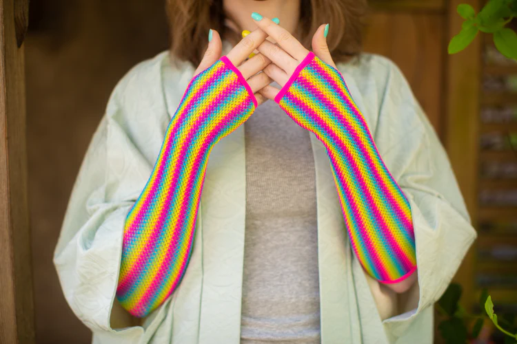 Rainbow Fishnet Arm Warmers - Image 4