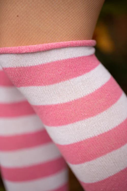 Roll Top Striped Knee High Socks - Bubblegum/White - Image 3