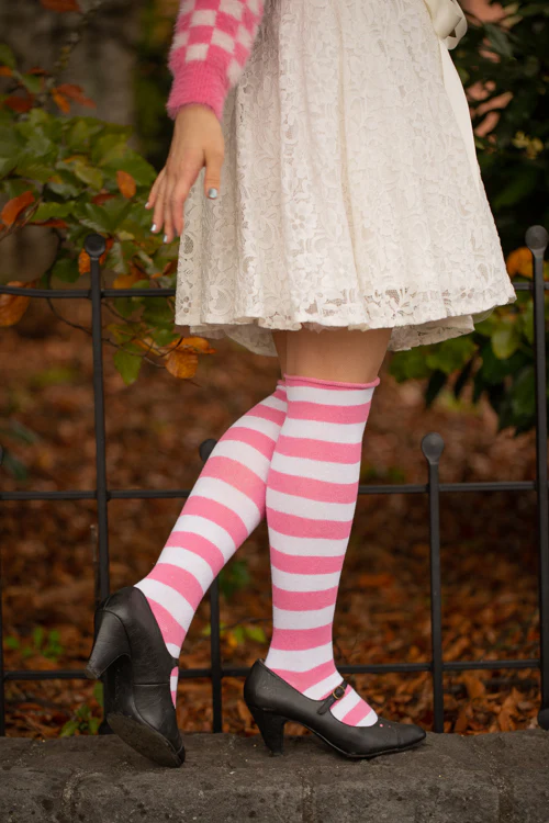 Roll Top Striped Knee High Socks - Bubblegum/White - Image 4