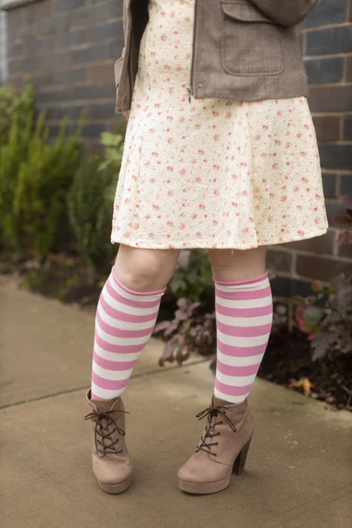 Roll Top Striped Knee High Socks