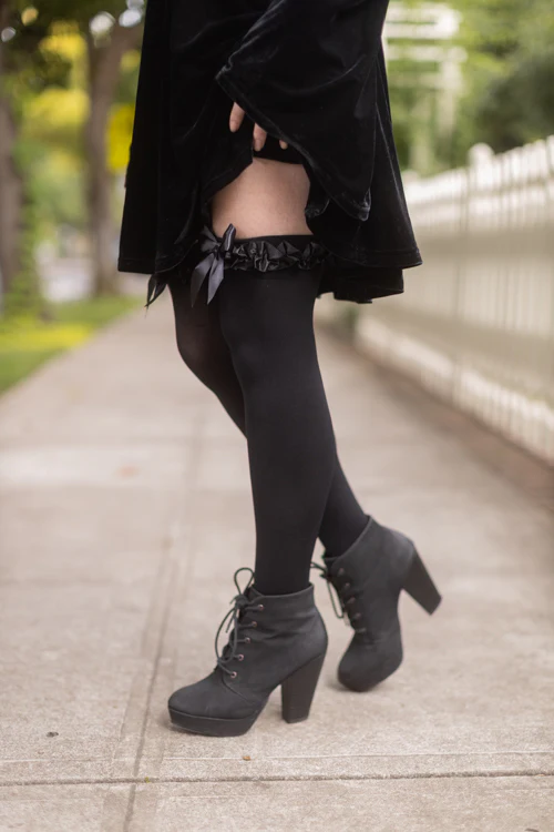 Satin Ruffle Trim Opaque Thigh High with Bow - Image 4
