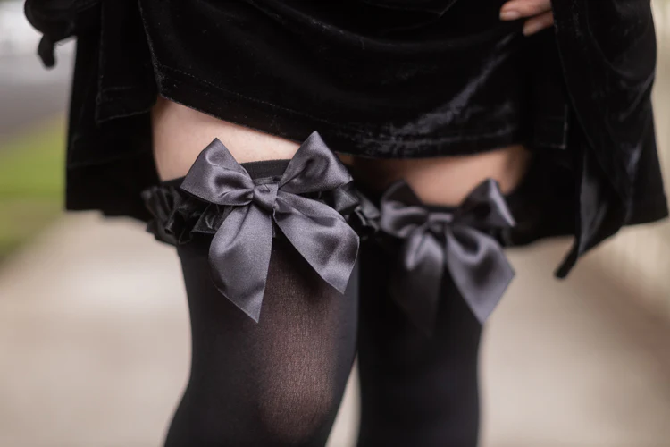 Satin Ruffle Trim Opaque Thigh High with Bow - Image 9