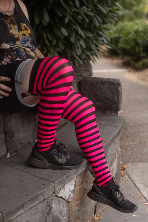 Striped Nylon Thigh Highs - Image 15