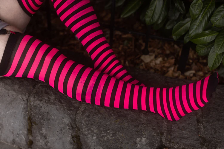 Striped Nylon Thigh Highs - Image 16