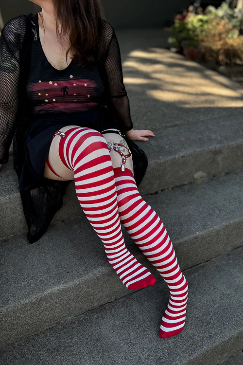 Striped Nylon Thigh Highs - Image 17