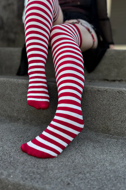 Striped Nylon Thigh Highs - Image 18