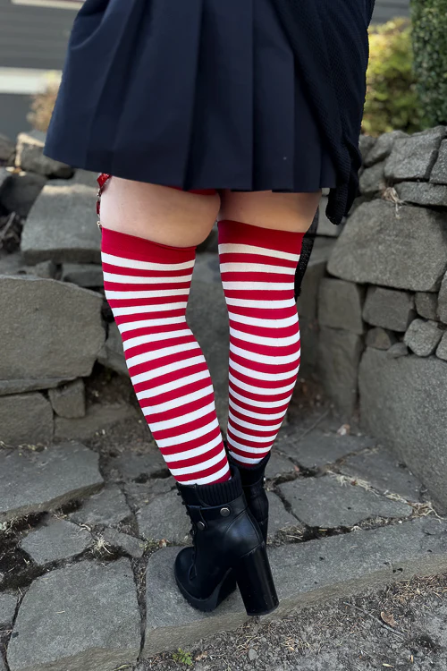 Striped Nylon Thigh Highs - Image 19