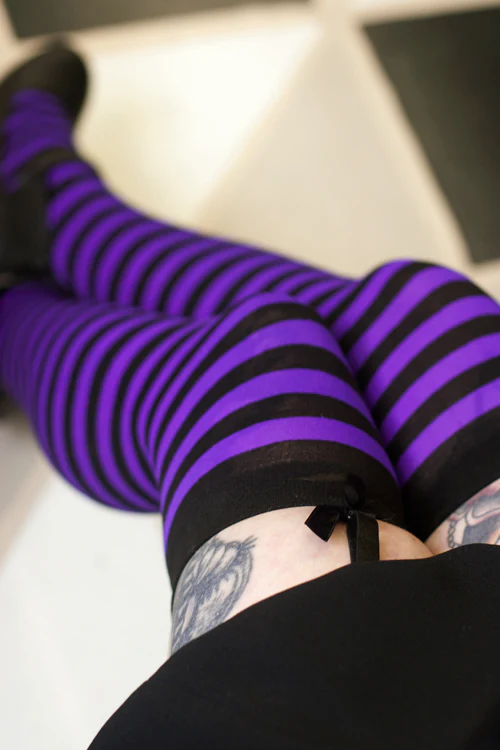 Striped Nylon Thigh Highs - Image 22