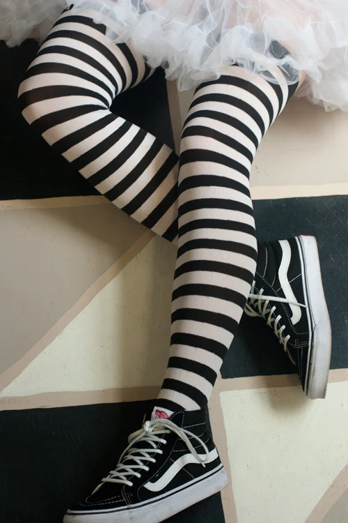 Striped Nylon Thigh Highs - Image 31