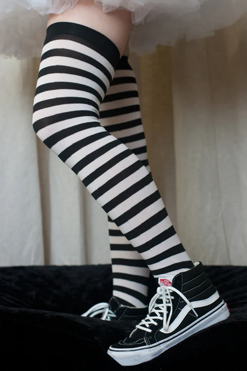 Striped Nylon Thigh Highs - Image 33