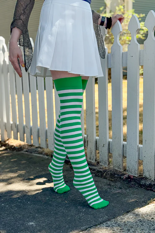 Striped Nylon Thigh Highs - Image 35
