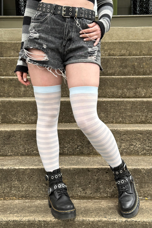 Striped Nylon Thigh Highs - Image 9