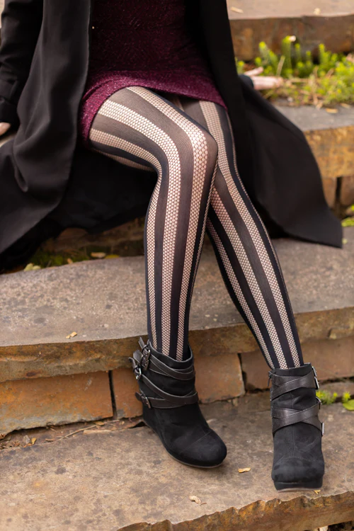 Vertical Net & Opaque Striped Net Tights - Image 3
